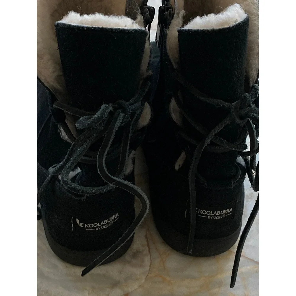 Koolaburra by UGG Black Suede Dezi Mid Calf Boots Faux Fur Lined Lace Zipper